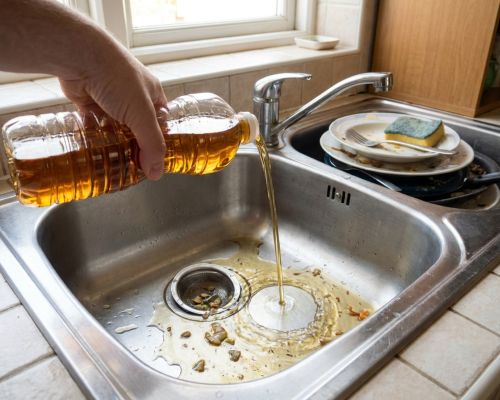 Person kippt Fett in den Abfluss, im Hintergrund steht Wasser in der Dusche