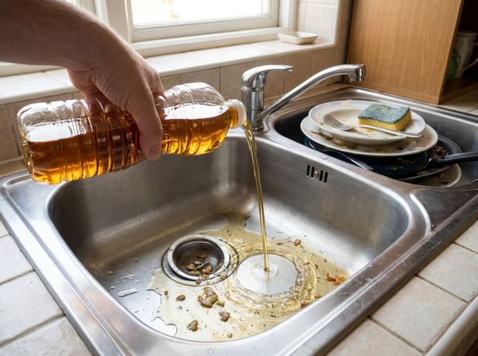 Person kippt Fett in den Abfluss, im Hintergrund steht Wasser in der Dusche